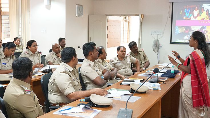 Trainer Brinda Adige interacts with the 40 sub-inspectors and inspectors